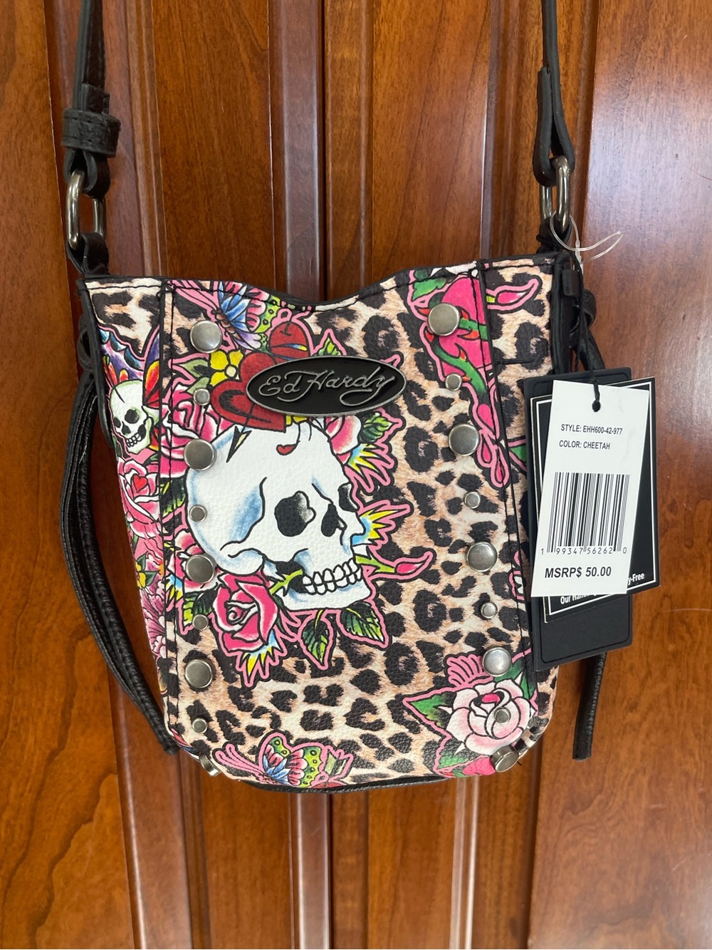 Ed Hardy Pink & Brown Cheetah Skull Crossbody Bag